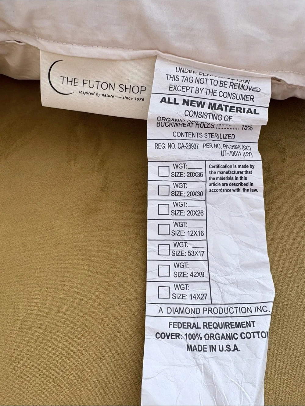 The Futon Shop Organic Cotton Buckwheat King Pillow 20x36 USA New In Case